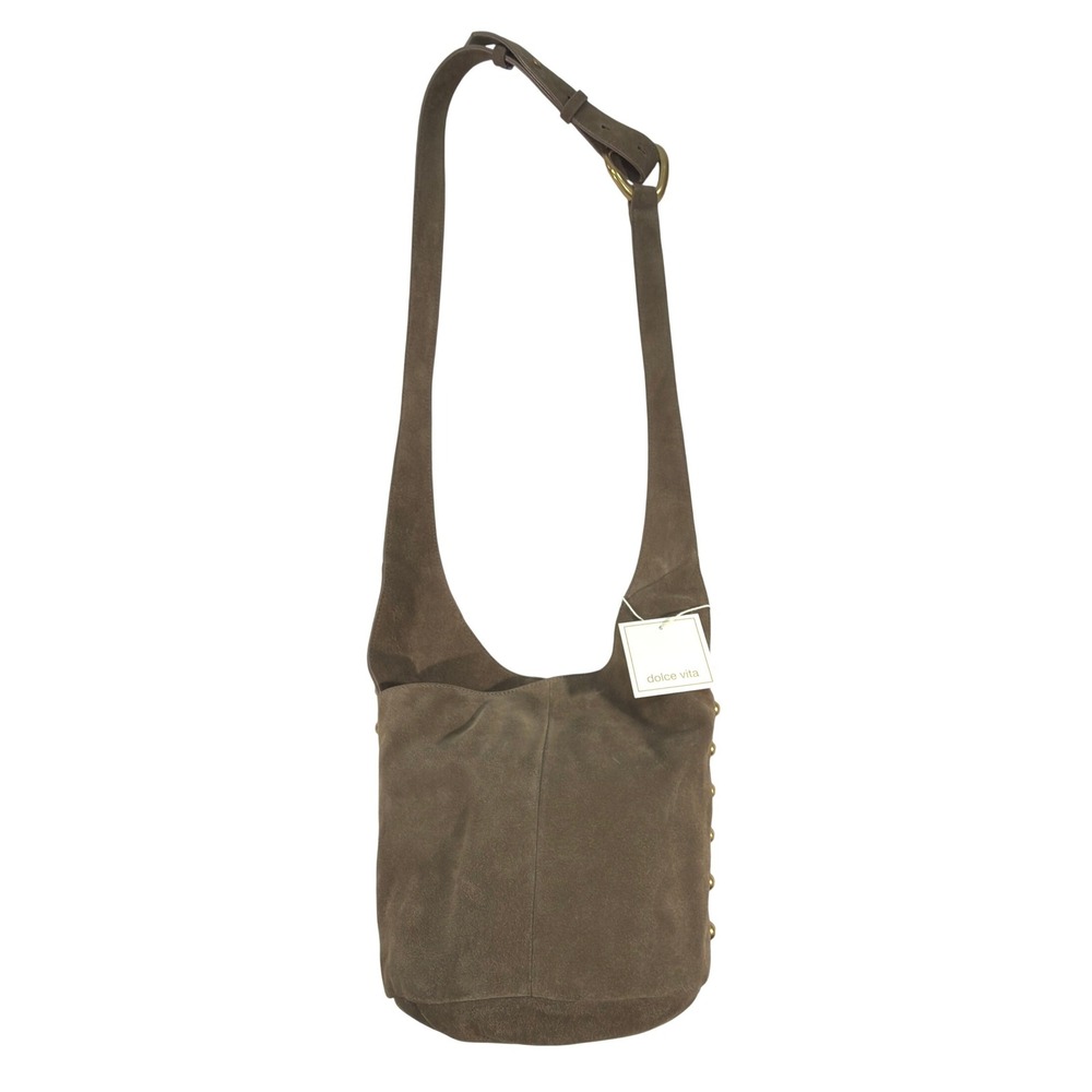 Dolce Vita Aubrie Olive Brown Suede Hobo Shoulder Bag NWT‎ Gold Studs Boho